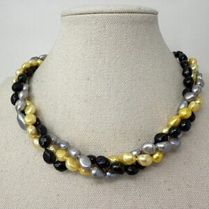 Freshwater Pearl Necklace 3 Strand Black Silver Yellow Beaded Jewelry Spring